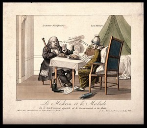 view An English doctor instructs his English patient not to eat as he does. Coloured engraving by Louis-Franc̦ois Charon.