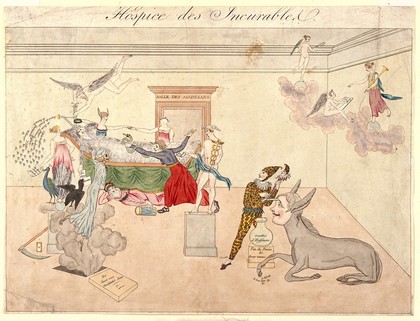 A dying man surrounded by fantastic and mythological figures. Coloured etching.