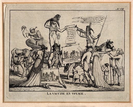 A travelling procession of quackish health officials ironically praise the coming of vaccination. Etching.