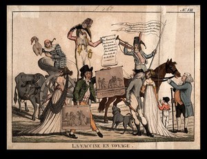 view A procession of health officials ironically proclaiming the coming of vaccination. Coloured etching.