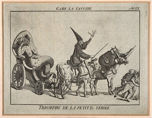 A diseased woman turning into a mermaid, a physician with a lancet riding on a cow and an apothecary wielding a syringe form a grotesque procession, scaring children as they go; referring to the distrust of the French public in the face of vaccination. Coloured etching.