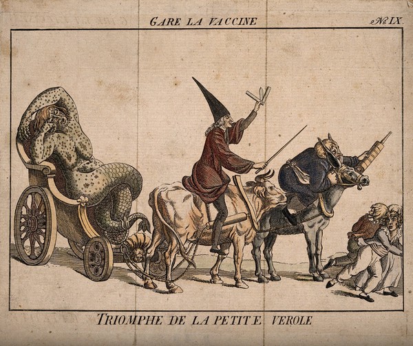 A diseased woman turning into a mermaid, a physician with a lancet riding on a cow and an apothecary wielding a syringe form a grotesque procession, scaring children as they go; referring to the distrust of the French public in the face of vaccination. Coloured etching.