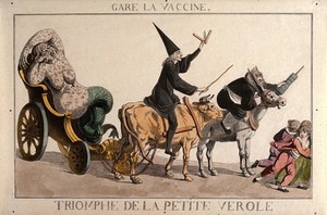 view A diseased woman turning into a mermaid, a physician riding a cow and an apothecary wielding a syringe form a grotesque procession that scares children; referring to the distrust of the French public in the face of vaccination. Coloured etching.