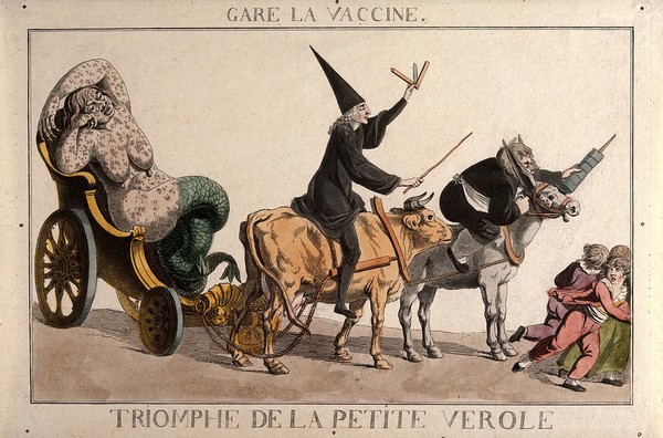 A diseased woman turning into a mermaid, a physician riding a cow and an apothecary wielding a syringe form a grotesque procession that scares children; referring to the distrust of the French public in the face of vaccination. Coloured etching.