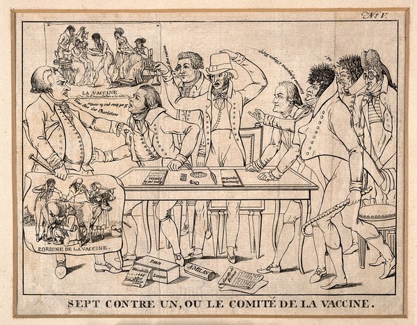 Seven members of the French committee on vaccination rail against Tapp, who resists the new discovery. Line engraving, c. 1800.