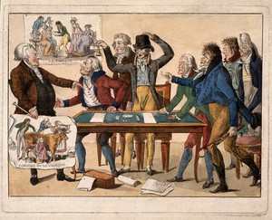 view Seven members of the French committee on vaccination rail at Tapp, a health officer who resists the new discovery. Coloured etching, c. 1800.