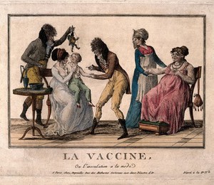 view A corpulent woman provides the pustule for the vaccination of a child by a couple of dandified doctors. Etching, c. 1800.