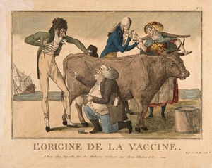 view A milk maid shows her cowpoxed hand to a physician, while a farmer or surgeon offers to a dandy inoculation with cowpox that he has taken from a cow. Coloured etching, ca. 1800.