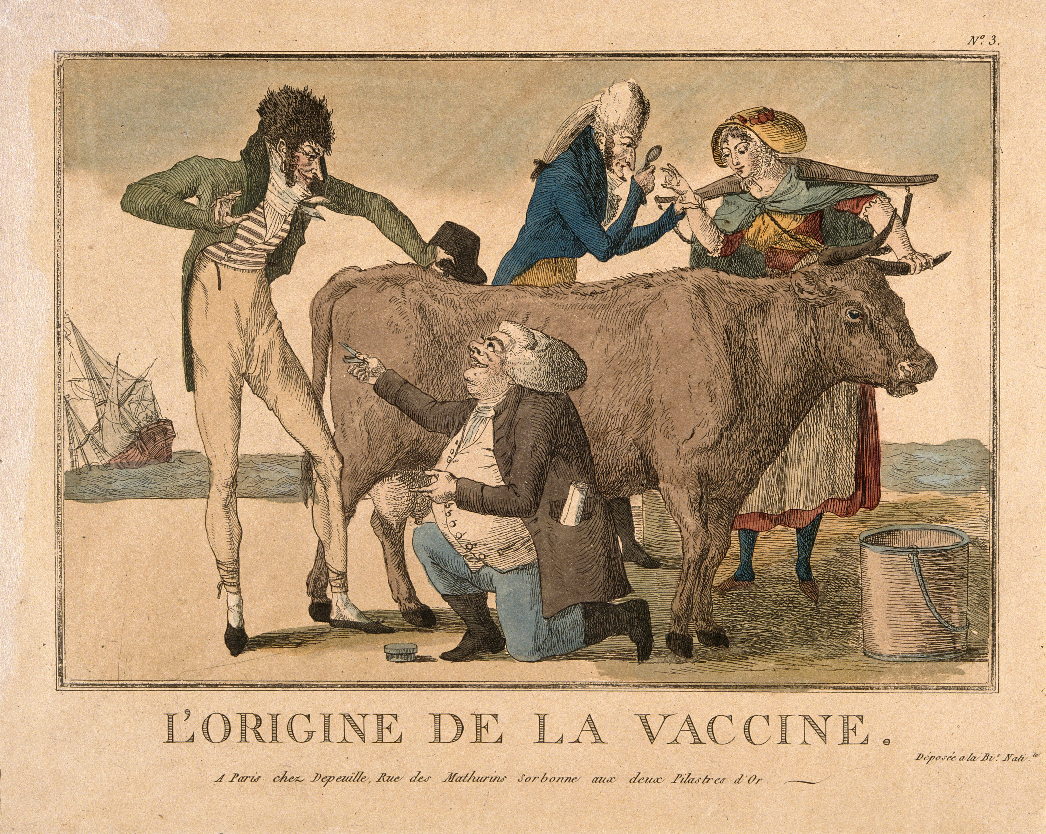 A milk maid shows her cowpoxed hand to a physician, while a farmer or  surgeon offers to a dandy inoculation with cowpox that he has taken from a  cow. Coloured etching, ca.