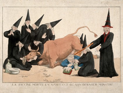 A group of physicians stand by a cow that has died while 'aborting' a man; perhaps representing the potential effect of vaccination. Coloured etching.