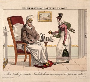 view A niece visits her smallpocked uncle and gives him presents. Coloured engraving by Gautier.