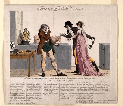 A vaccinated man grows horns in front of a couple with a lancet. Coloured etching, c. 1800.