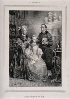 A phrenologist holding a skull palpates a girl's skull, while her mother looks on. Lithograph by A-N. Delaunois after A. Debacq.
