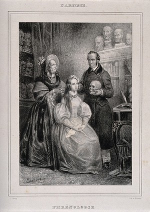 view A phrenologist holding a skull palpates a girl's skull, while her mother looks on. Lithograph by A-N. Delaunois after A. Debacq.