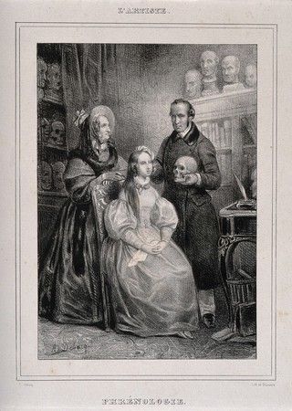 A phrenologist holding a skull palpates a girl's skull, while her mother looks on. Lithograph by A-N. Delaunois after A. Debacq.
