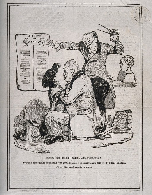 Franz Joseph Gall examines the head of Louis-Philippe and finds bumps which indicate various virtuous qualities. Wood engraving, 1832.