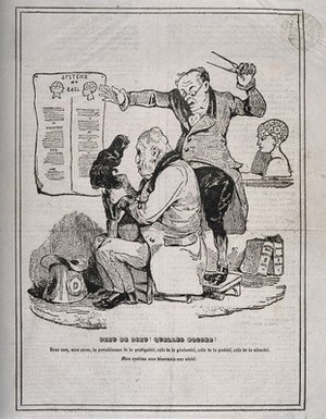 view Franz Joseph Gall examines the head of Louis-Philippe and finds bumps which indicate various virtuous qualities. Wood engraving, 1832.