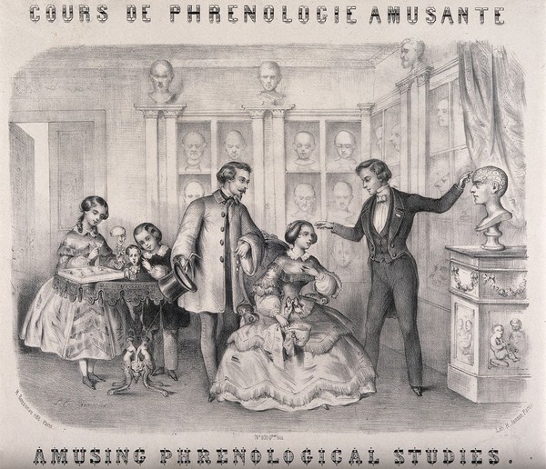 A phrenologist and some society people in a parlour. Lithograph by H. Jannin after L.C. Bommier (?).