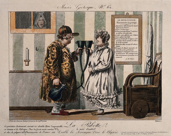 A man and woman use a redeveloped clyster for scatological, intoxicating purposes (?). Coloured etching by P. Maleuvre after G. de Cari.
