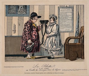 view A man and woman use a redeveloped clyster for scatological, intoxicating purposes (?). Coloured reproduction of an etching after G. de Cari.