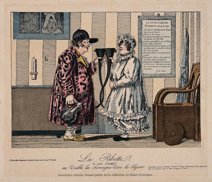 A man and woman use a redeveloped clyster for scatological, intoxicating purposes (?). Coloured reproduction of an etching after G. de Cari.