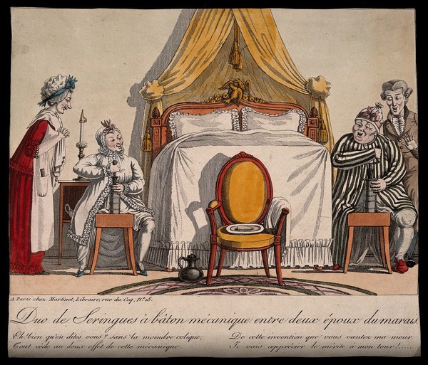 An old, rich couple enjoy the latest fad in baton-powered enemas. Coloured engraving by G. de Cari (?).