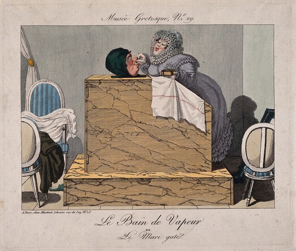 An elaborately dressed woman pampers a man in a vapour-bath. Coloured etching after G. de Cari.