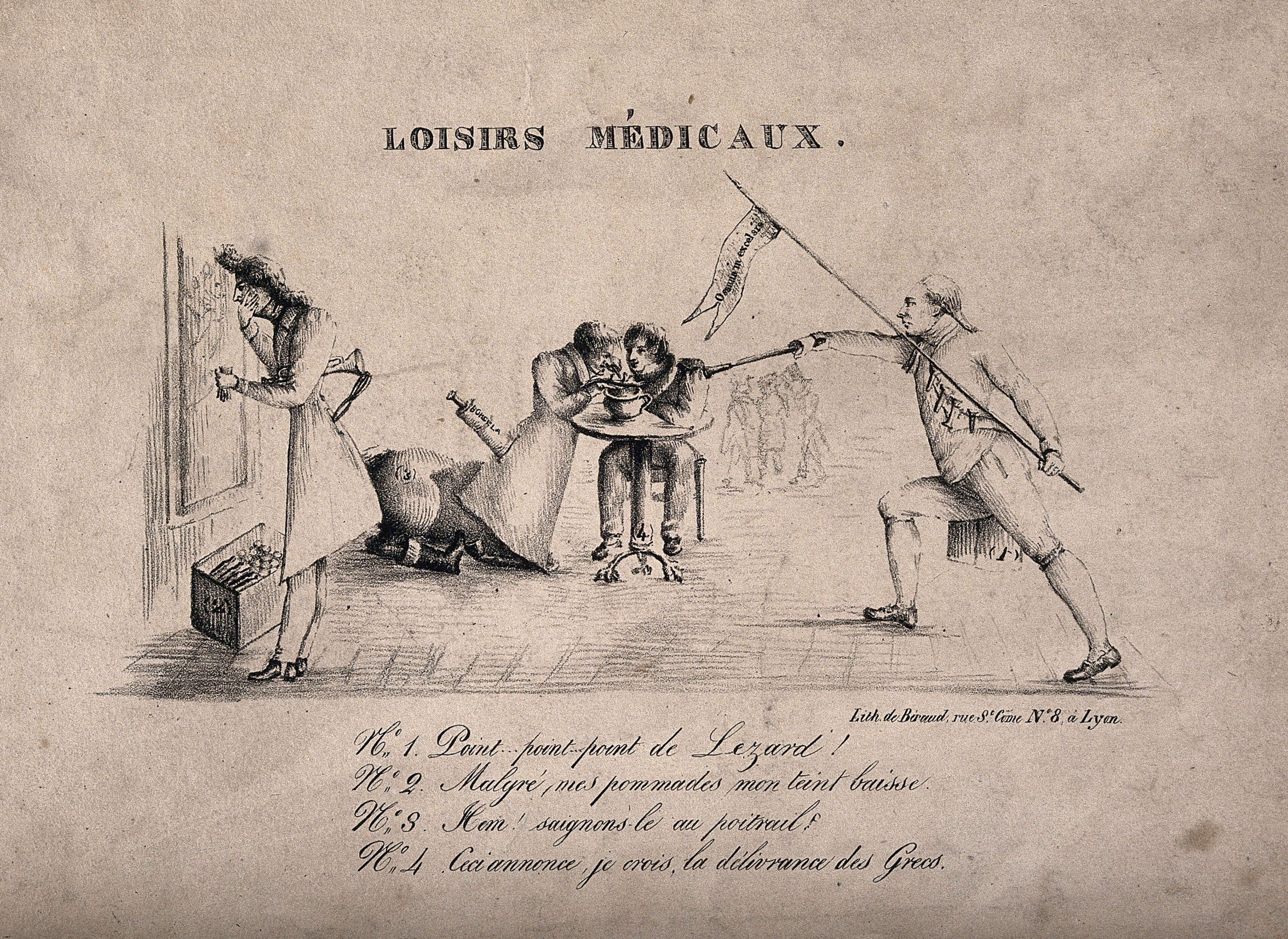 Three scenes illustrating the vanity of doctors. Lithograph by Béraud.