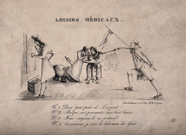 Three scenes illustrating the vanity of doctors. Lithograph by Béraud.