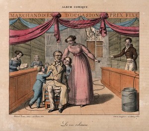 view A long parasitical worm (tapeworm) is extracted from an emaciated man. Coloured lithograph by Langlumé, 1823.