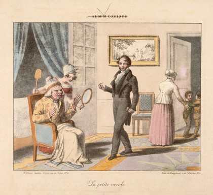 A maid shows an old man his smallpocked face in a hand mirror. Coloured lithograph by Langlumé, 1823.