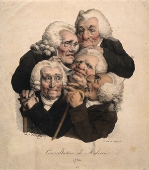 view Five aged doctors crushed together in consultation. Coloured lithograph by F-S. Delpech after L. Boilly, c. 1823.