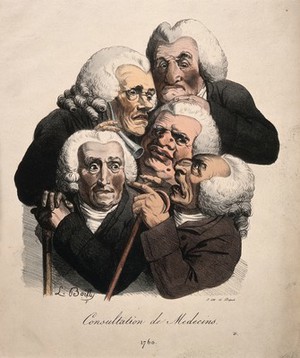 view Five aged doctors crushed together in consultation. Coloured lithograph by F-S. Delpech after L. Boilly, c. 1823.