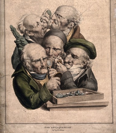 Five antiquaries look through magnifying glasses at objects. Coloured lithograph after L. Boilly, 1823.