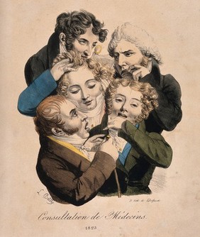 A group of young, fashionable doctors. Coloured lithograph by F-S. Delpech after L. Boilly, 1823.