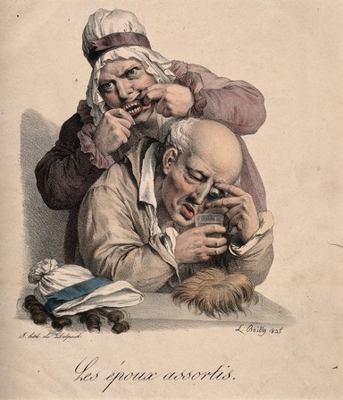 A couple assemble their false body parts: false teeth, a glass eye and wigs. Coloured lithograph by F-S. Delpech after L. Boilly, 1825.