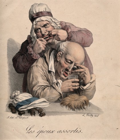 A couple assemble their false body parts: false teeth, a glass eye and wigs. Coloured lithograph by L. Boilly, 1825.