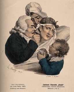 A physician administers leeches to a patient. Colour process print after L. Boilly, 1827.
