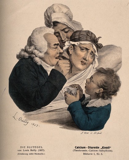 A physician administers leeches to a patient; advertising Knoll diuretic medicine. Colour process print, 19--, after L. Boilly, 1827.