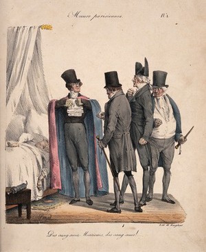 view A group of fashionable physicians gathered around a sick patient listen to one of their number proclaiming the virtue of leeches. Coloured lithograph after E.J. Pigal.