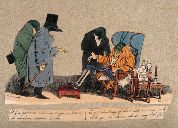 Three leeches in the role of physicians attend a grasshopper in the role of the patient and propose diet and bloodletting. Coloured lithograph after J.J. Grandville, ca. 1832.