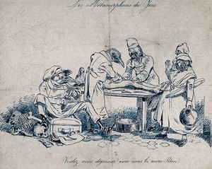 view Birds dressed as surgeons or medical students dissect a body. Pen drawing attributed to J. Grandville, 1829.