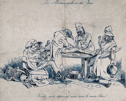 Birds dressed as surgeons or medical students dissect a body. Pen drawing attributed to J. Grandville, 1829.