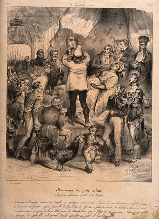 An exhausted mother gives birth before a crowd of French officials; symbolising the birth of the ideas of the July Revolution and their troubled patrimony in the hands of contemporary politicians. Lithograph by E. Forest after J. Grandville, 1831, after Eugène Devéria, 1827.