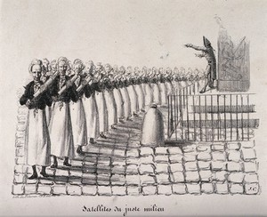 view A regiment of clyster-wielding apothecaries orchestrated by General George Mouton de Lobau; representing his use of water-cannons in quelling riots. Lithograph by J.C., 1831.