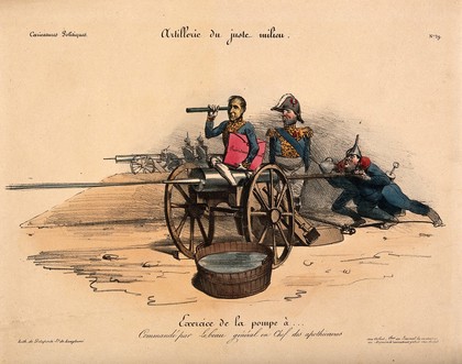 A hybrid of a cannon and a clyster is attended by General Georges Mouton and Gabriel Delessert, the chief of police; representing their use of the water-cannon to dispel an uprising. Coloured lithograph.