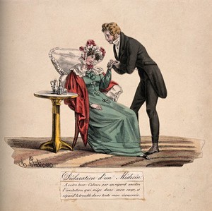 view A besotted physician asks his young patient to cure him of his heartache. Coloured lithograph after C. Philipon, c. 1830.