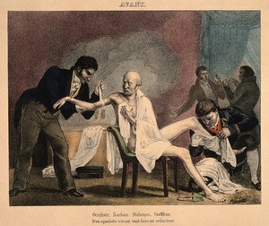 view An emaciated old man is transformed by four beauticians. Coloured lithograph by Ch.-J. Fuhr after Ch. Bargue, 1852.