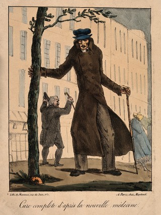 A wraith-like figure emerges 'cured' from the hospital. Coloured lithograph by Mantoux, c. 1830.