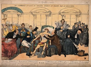 view Mercury lies dying from cholera, surrounded by ministers; representing the sickly state of the French economy in the 1830s. Coloured etching, c. 1832.